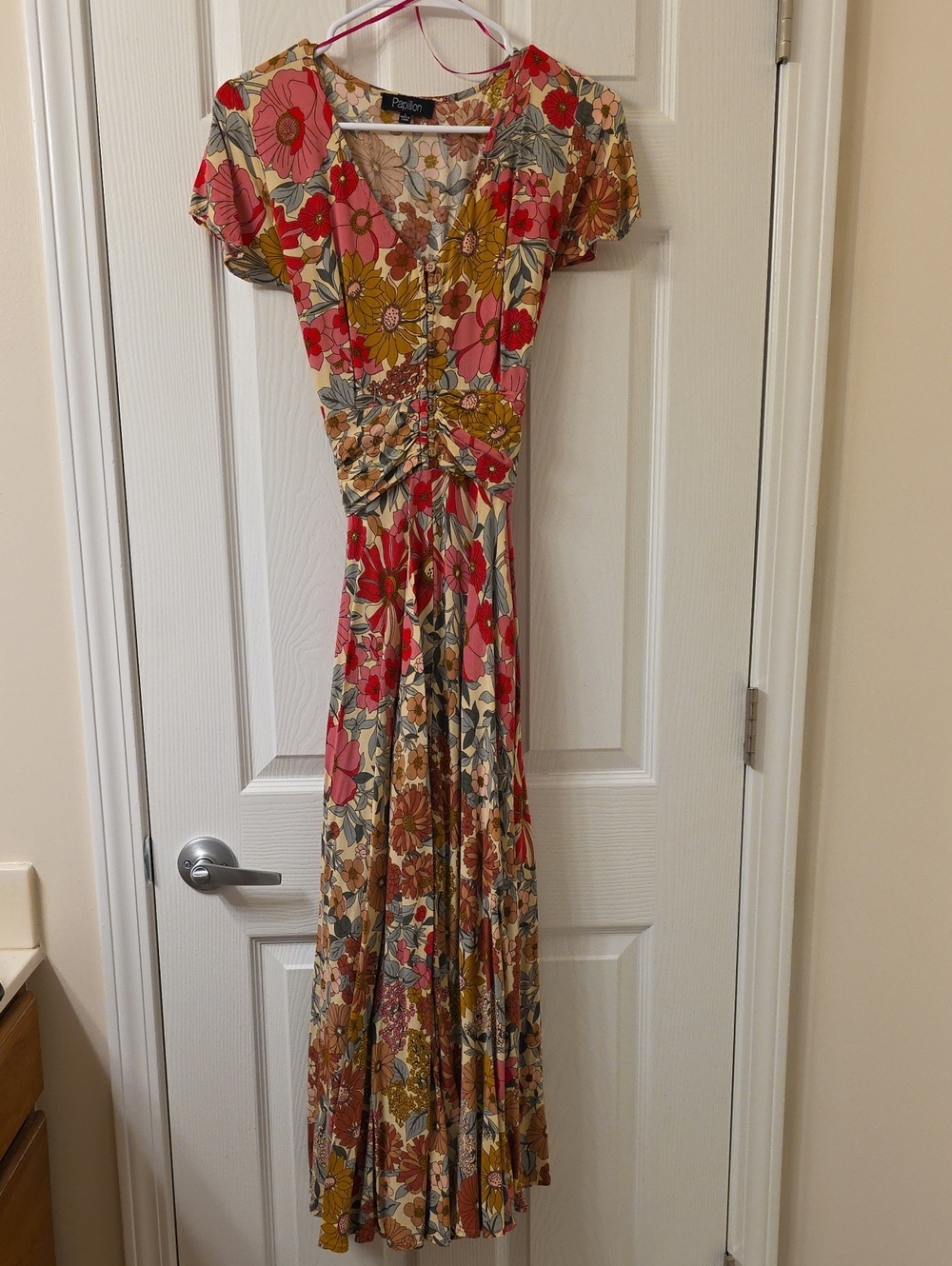 Papillon Floral V-Neck Maxi Dress in Red, Pink, Yellow